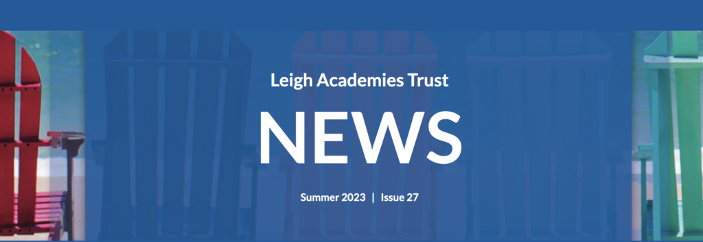 LAT Summer newsletter 2023 issue in a blue box with a cut off deck chair image either side of the text.